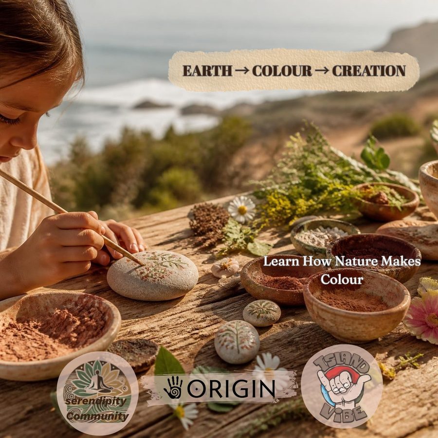 A child painting a river stone with earth pigments beside the sea, part of the Earth to Colour to Creation activity